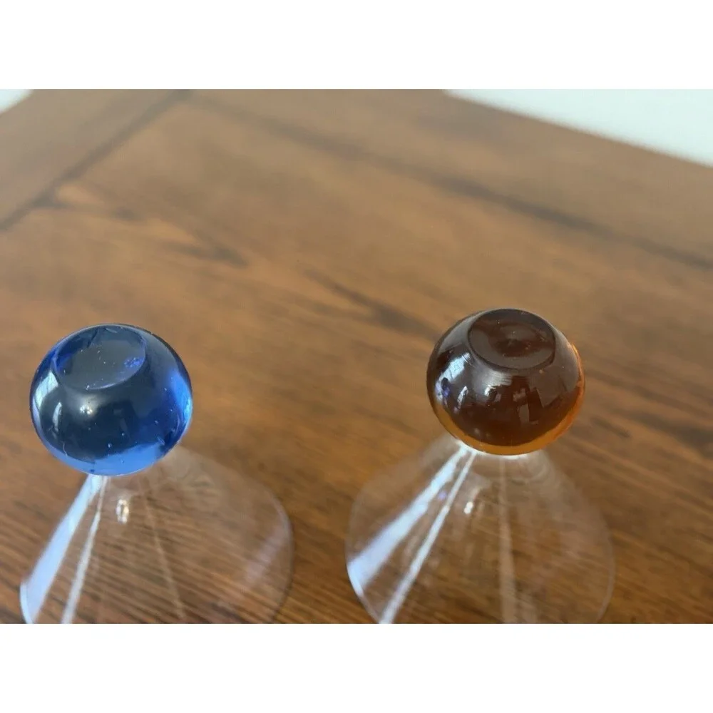 Set of 2 Post Modern Clear Glass Martini Glasses Blue & Amber Ball Base